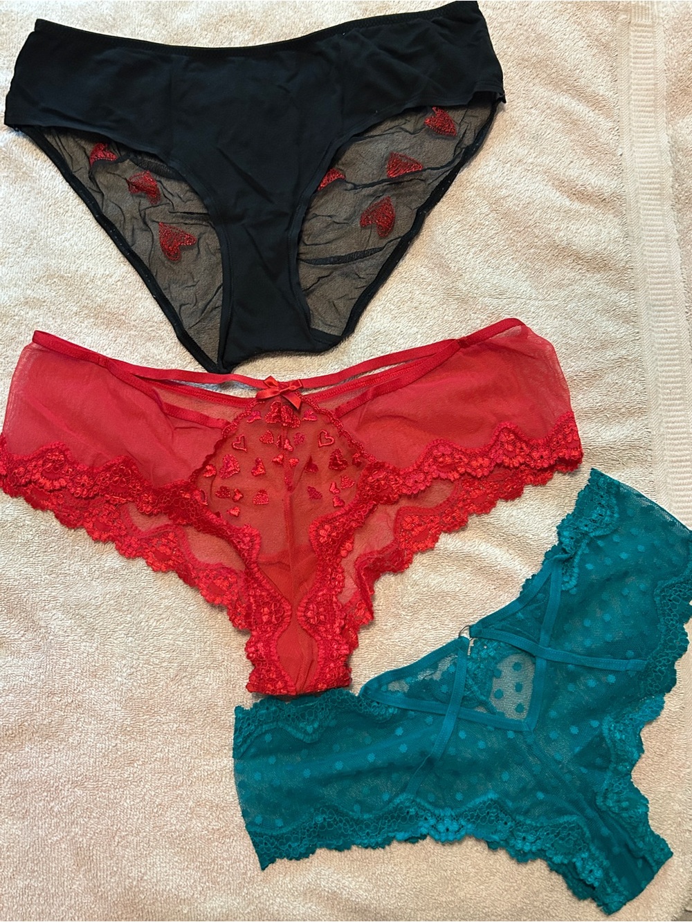 Women’s Lace & Mesh Bikini Panty Set - Red, Black, Teal